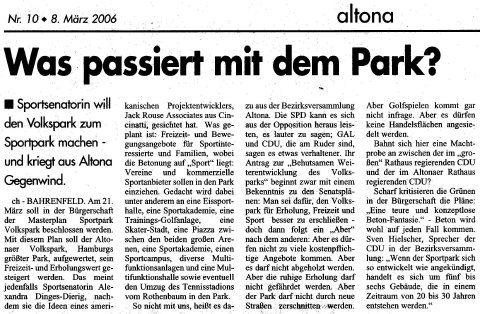 Artikel zum Thema Volkspark aus dem Altonaer Wochenblatt - vom 08.03.06